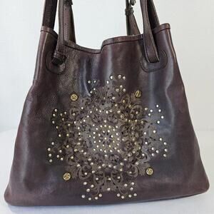 Platania Grained Leather Studded Floral Cut Out Slouch Top Handle Handbag (Read)
